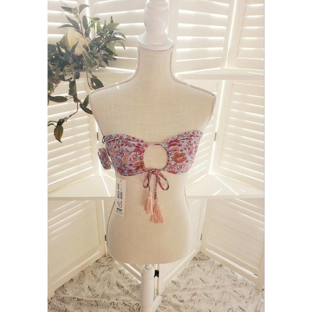 MINK PINK CHLOE BANDEAU BIKINI SWIMSUIT TOP MULTI FLORAL TIE STRAPLESS SMALL